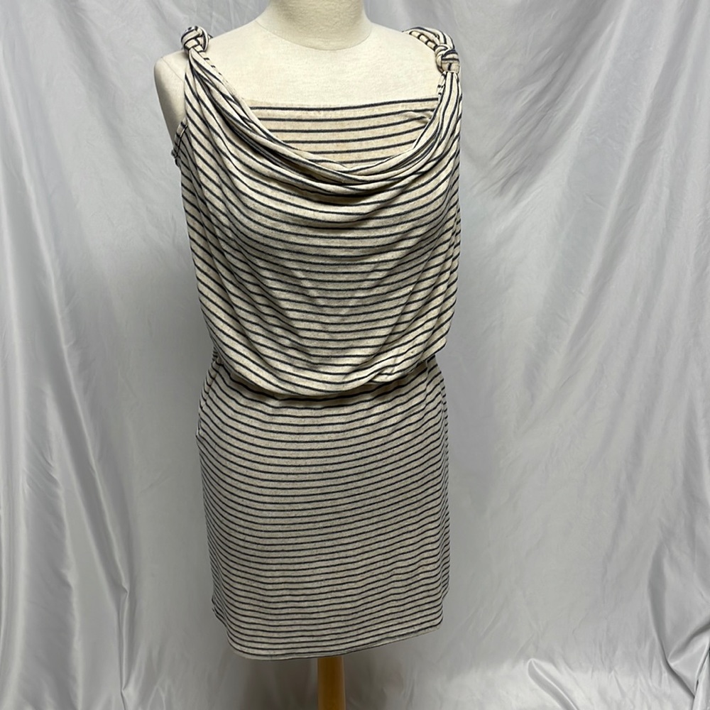 Anthropology Apparel Beige and Navy Striped Dress with Elastic Waist Size Small